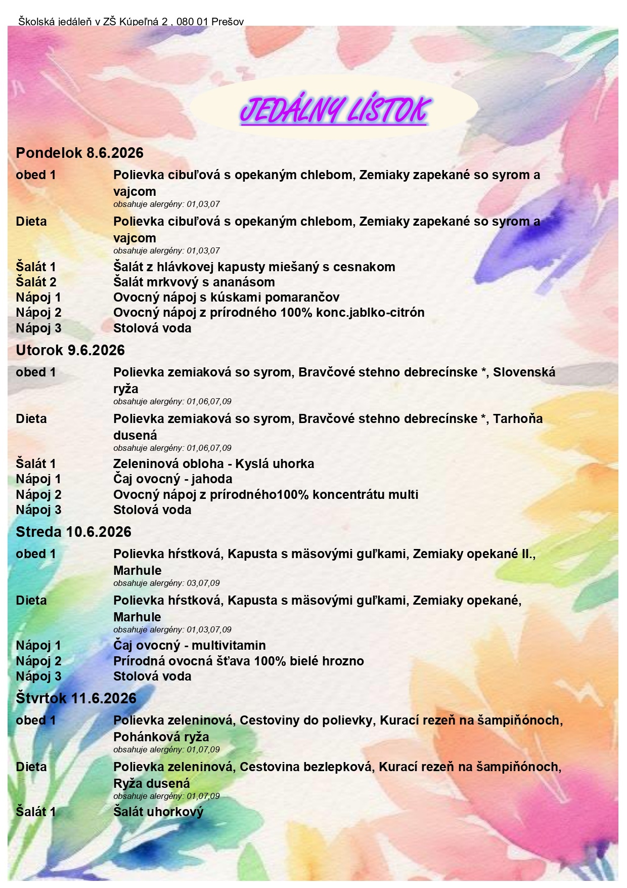 Jedálny lístok 8.6.-12.6.2026 - Obrázok 1