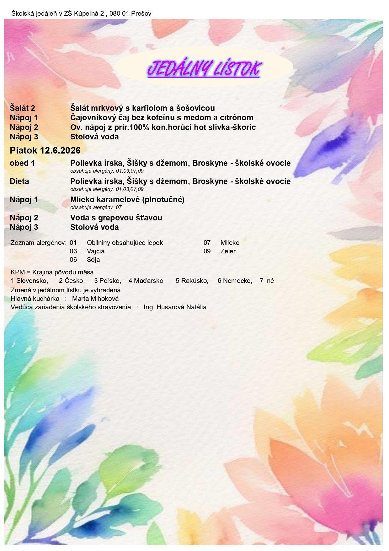 Jedálny lístok 8.6.-12.6.2026 - Obrázok 2