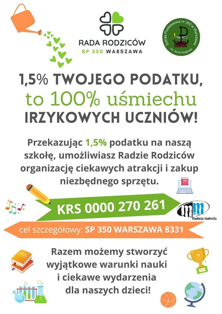 Plakat informujący o możliwości przekazania 1,5% podatku dla szkoły.