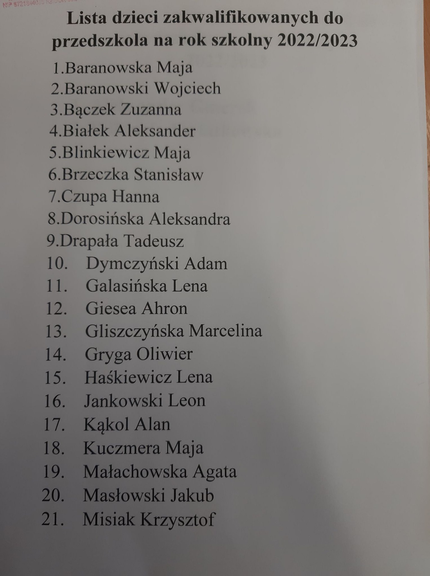 Lista dzieci zakwalifikowanych do przedszkola na rok szkolny 2022/2023 - Obrazek 1