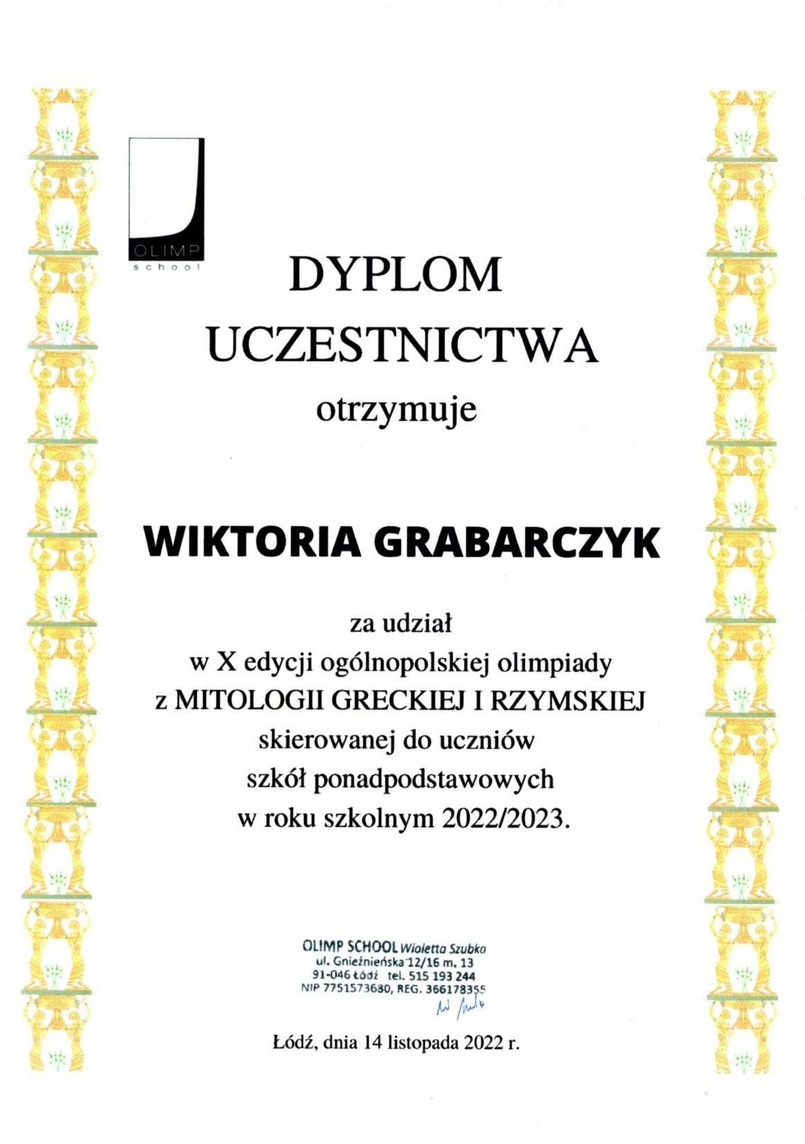 Dyplom uczestnictwa dla Wiktorii Grabarczyk