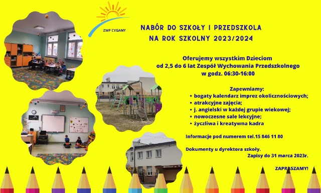 Grafika: Elżbieta Krząstek-Janeczko
Żółte tło, na którym zamieszczono zdjęcia szkoły i informacje dotyczące rekrutacji na rok szkolny 2023/2024