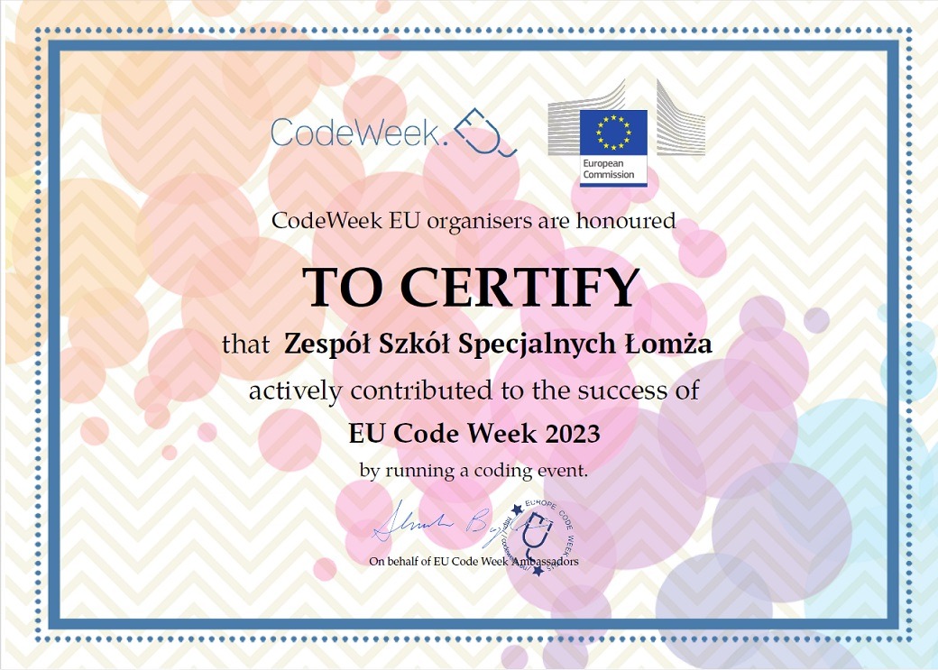 Certyfikat za udział w Europejskim Tygodniu Kodowania Codeweek 2023