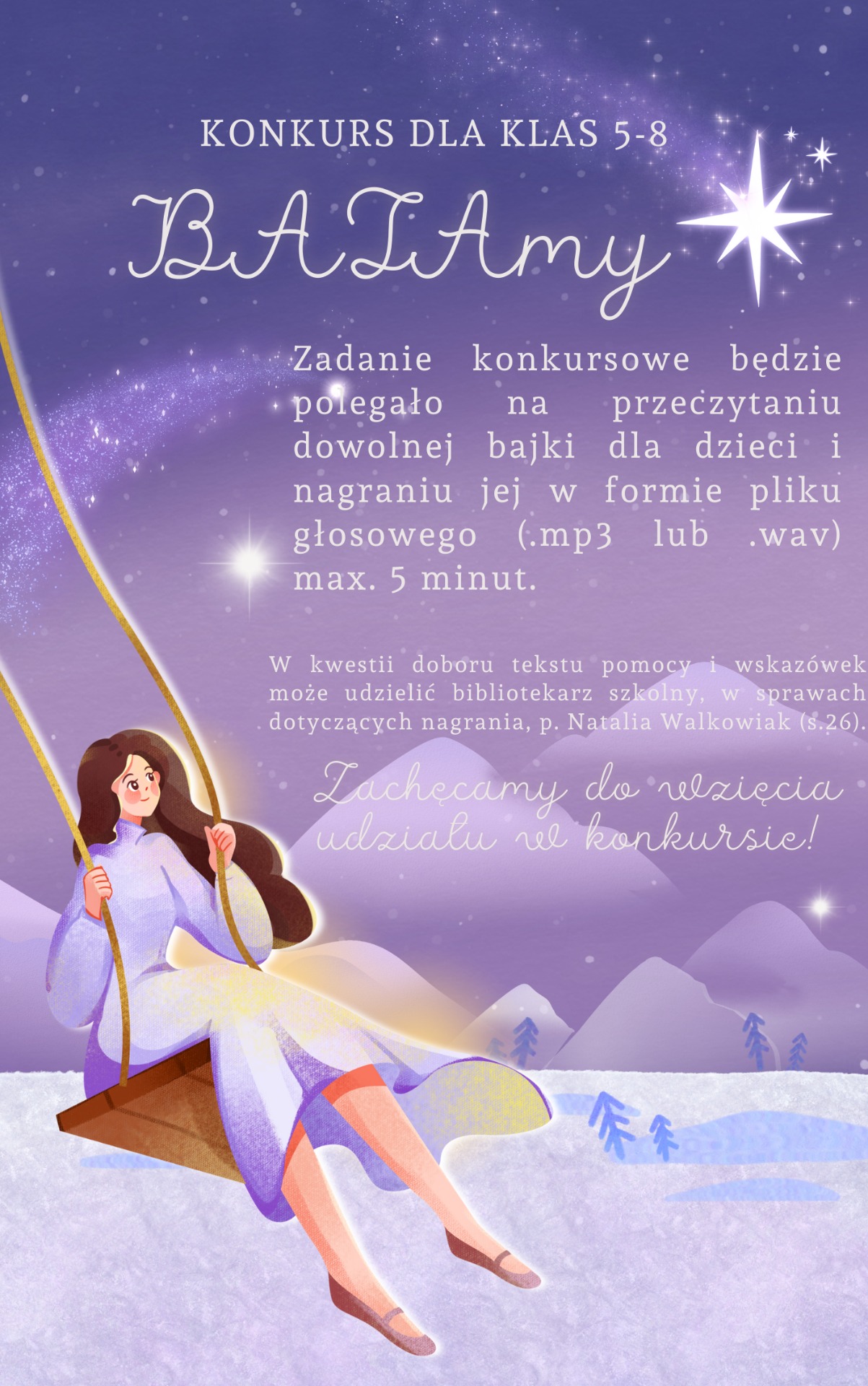 Kolorowy plakat konkursu "BAJAmy". Na tle nocnego nieba i gór, dziewczynka huśta się.