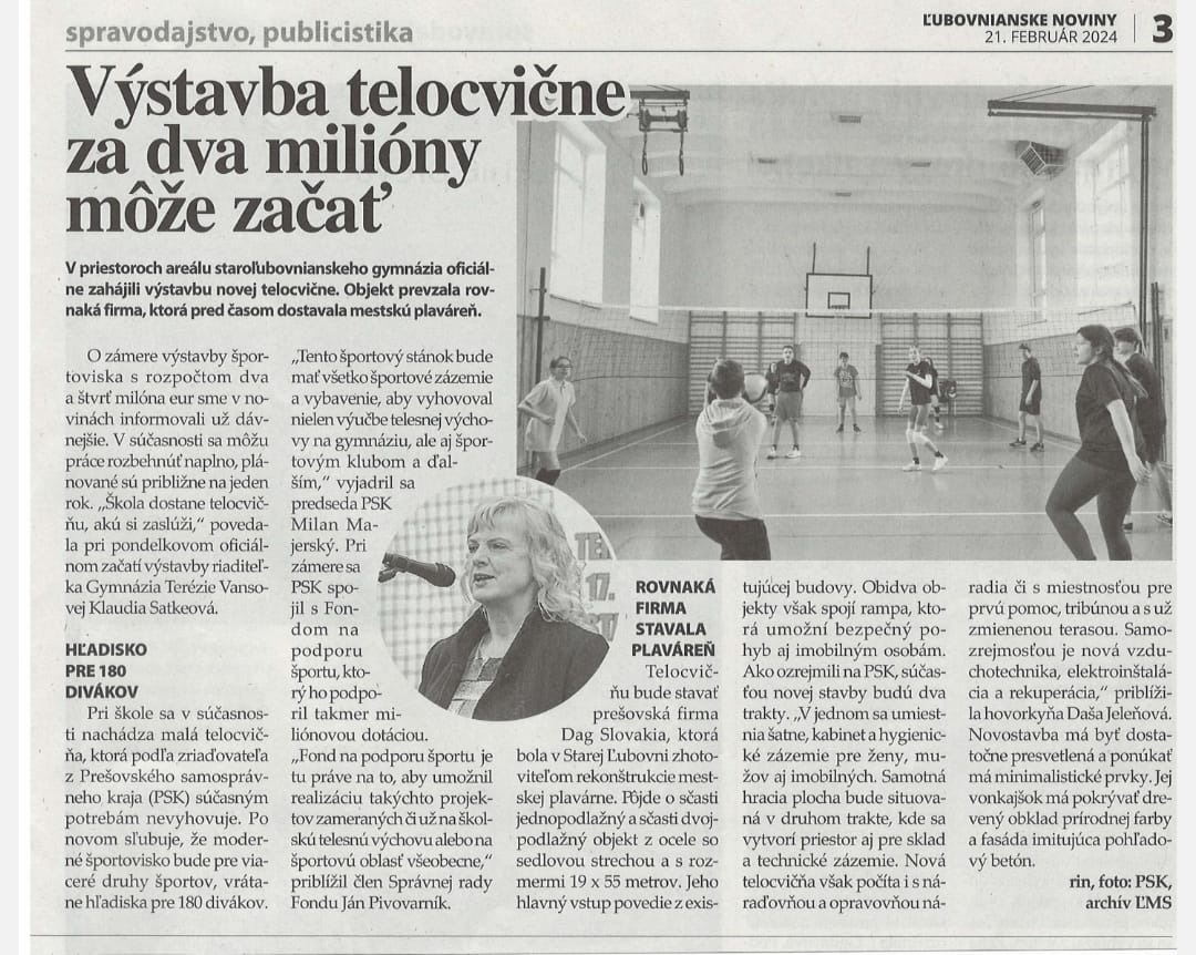 O novej telocvični aj v Ľubovnianskych novinách - Obrázok 1