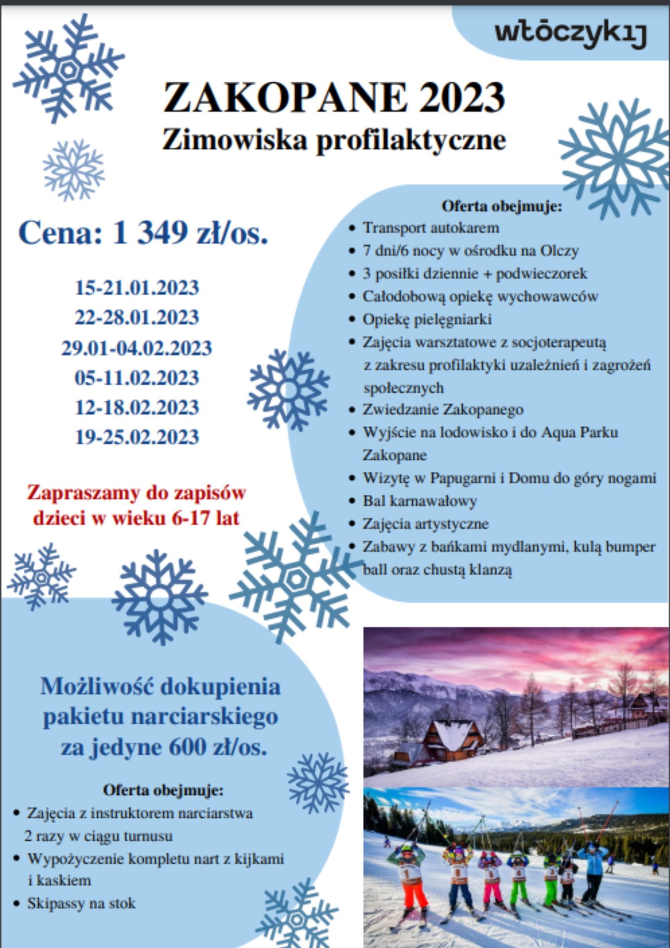 Oferta Zimowiska Profilaktycznego w Zakopanem, Ferie 2023, Włóczykij - Obrazek 1