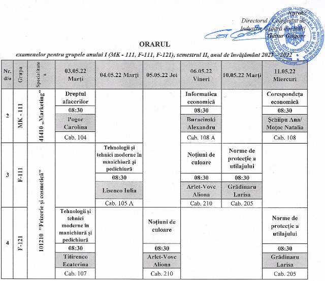 Orarul examenelor sem II a.s. 2021-2022 grupele: M-012, SSM-012, F-012, F-022, MK-111, F-111, F-121 - Imagine 3