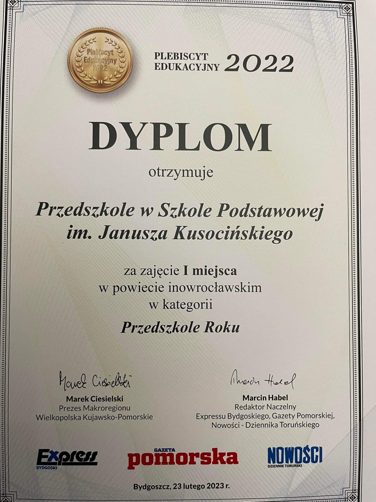Dyplom dla Szkoły Podstawowej w Kołodziejewie