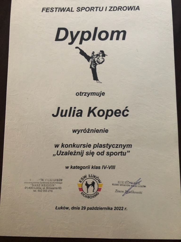 Wyróżnienie dla Julii Kopeć w konkursie plastycznym "Uzależnij się od sportu" - Obrazek 2