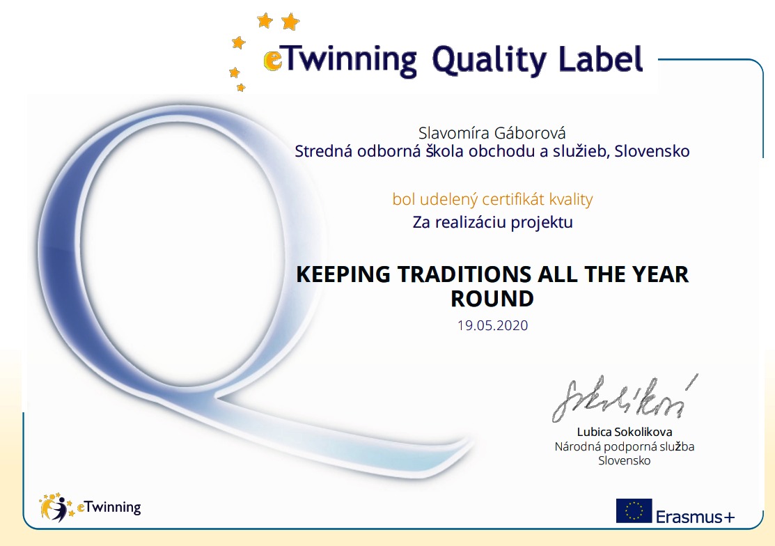Certifikát kvality za realizáciu projektu eTwinning 2019/2020 - Obrázok 1