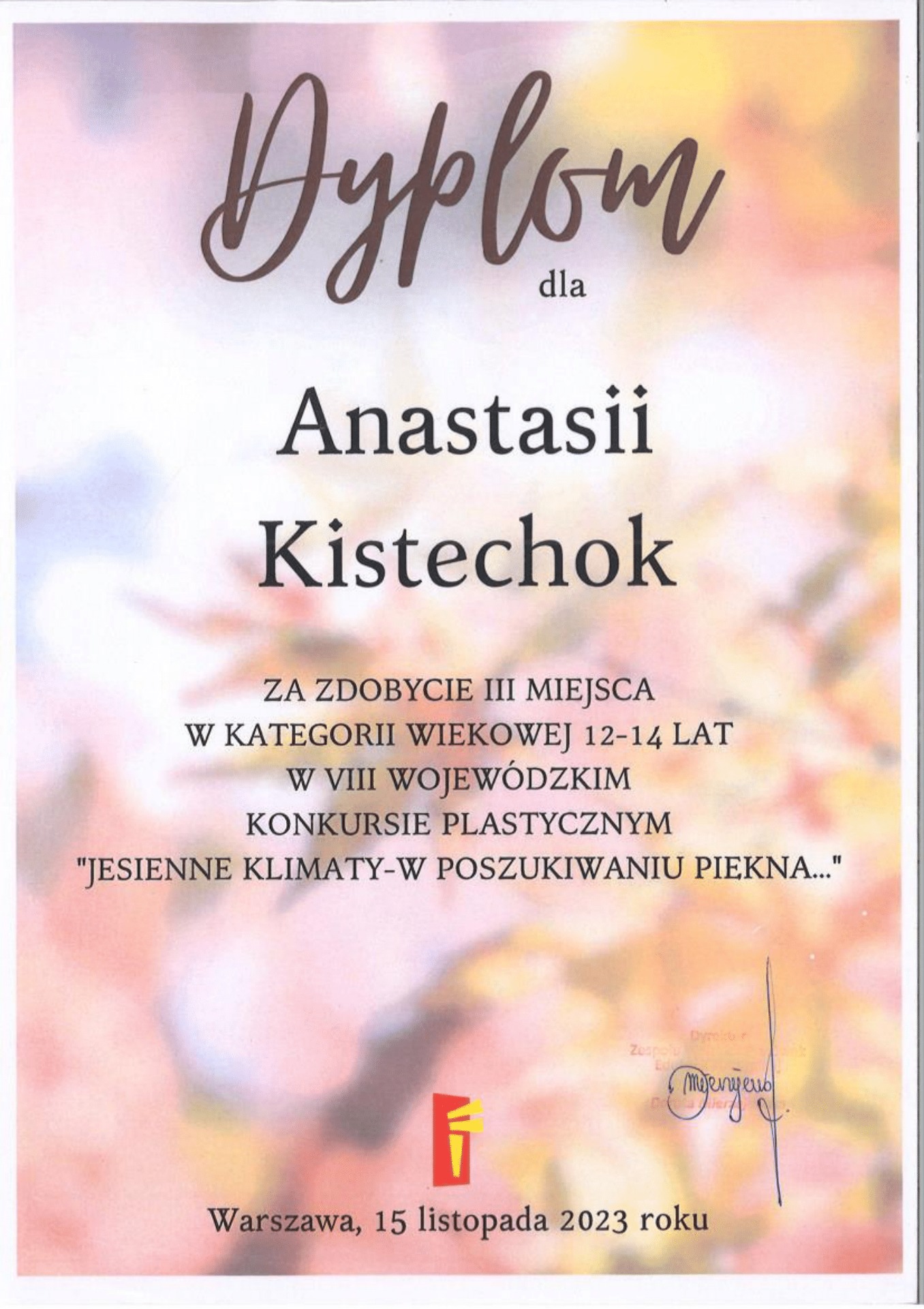 Anastasiia Kistechok kl 8b laureatką konkursu plastycznego  - Obrazek 4