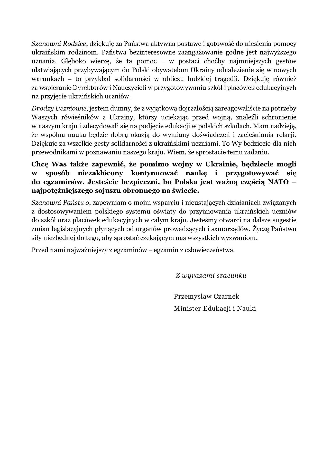 List Ministra Edukacji i Nauki dotyczący sytuacji na Ukrainie - Obrazek 2