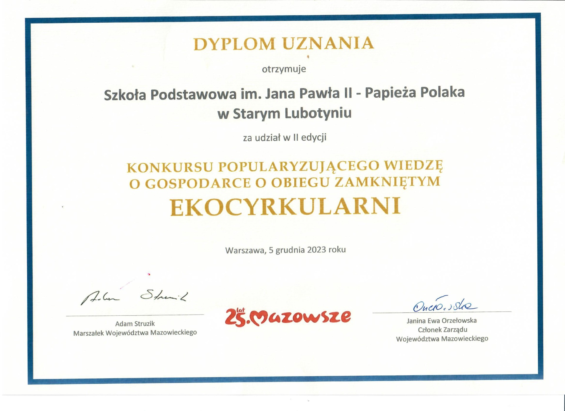 Dyplom za udział w konkursie "Ekocyrkularni"