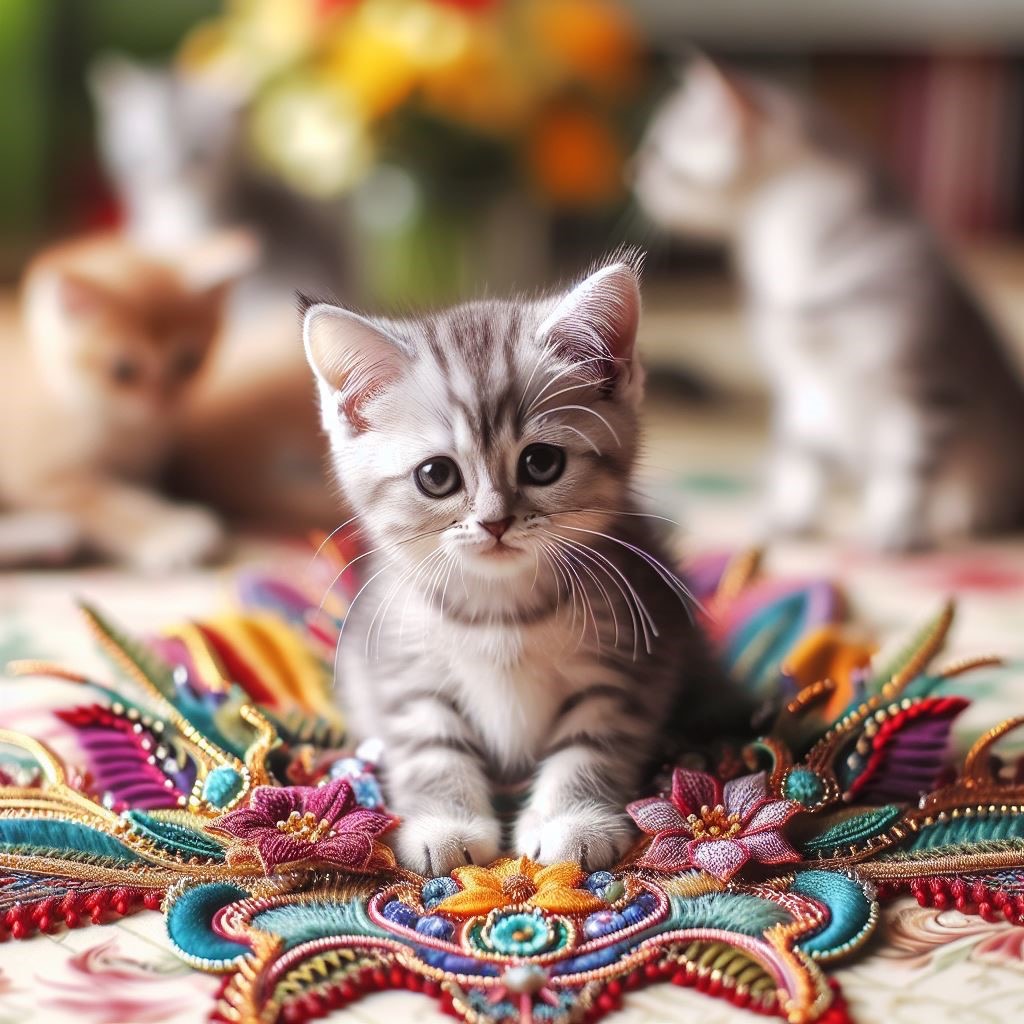 Zdjęcie małego kota siedzącego na kolorowej serwecie. Wygenerowane przez IA