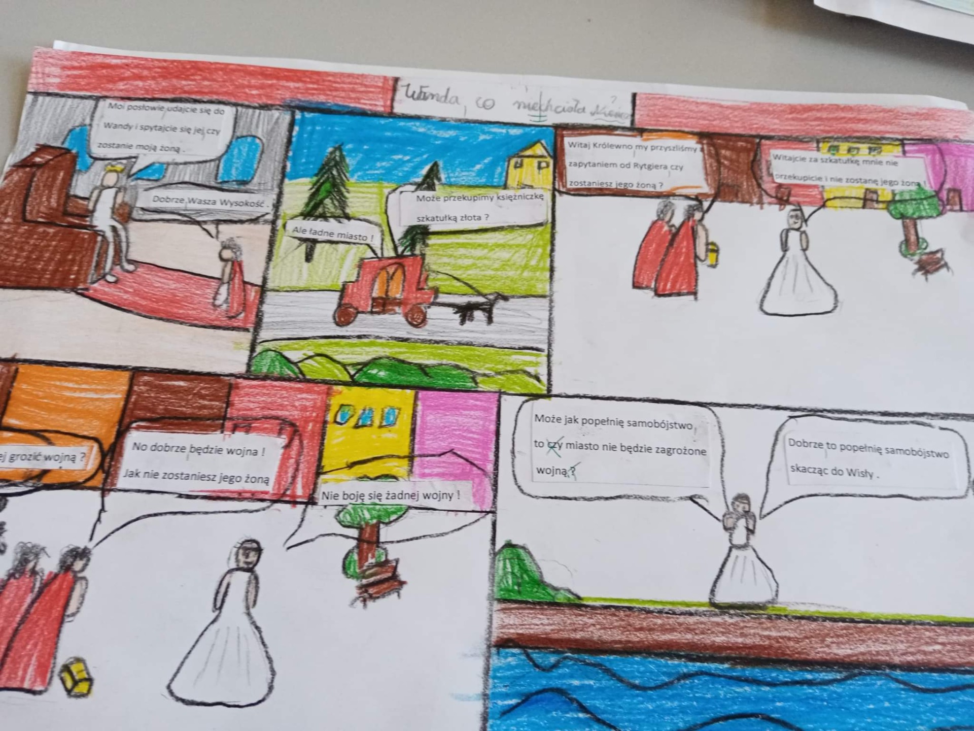 Uczniowie klasy 5 tworzyli na lekcjach języka polskiego komiksy o Wandzie, co nie chciała Niemca 👏❤️👏 - Obrazek 2